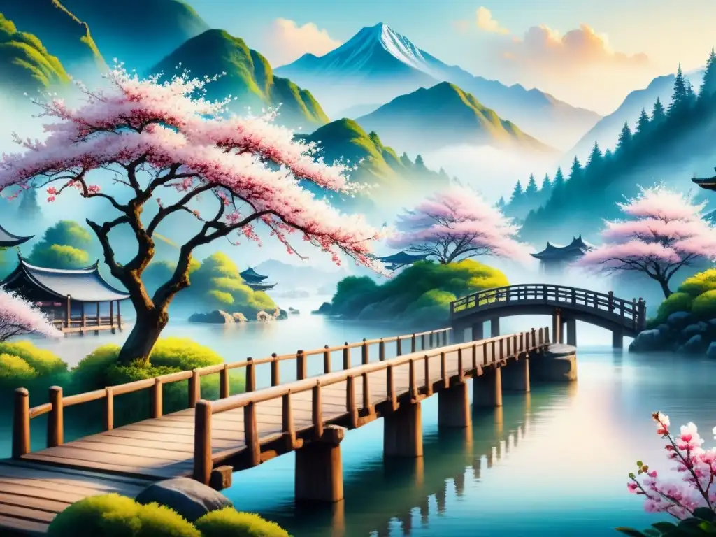 Pintura acuarela de paisaje asiático sereno con cerezos en flor, río tranquilo y puente de madera, rodeado de montañas cubiertas de niebla