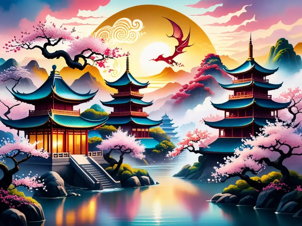 Paisaje asiático onírico: cerezos, pagodas y criaturas mágicas Pintura acuarela de paisaje asiático surrealista con cerezos, pagodas y criaturas místicas bajo un atardecer dorado
