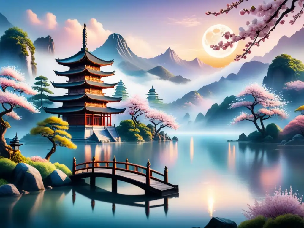 Fantasía oriental: paisaje de ensueño con dragón y danza Pintura acuarela de paisaje asiático surrealista con montañas, árboles flor de cerezo, lago y criatura mítica, en armonía de colores