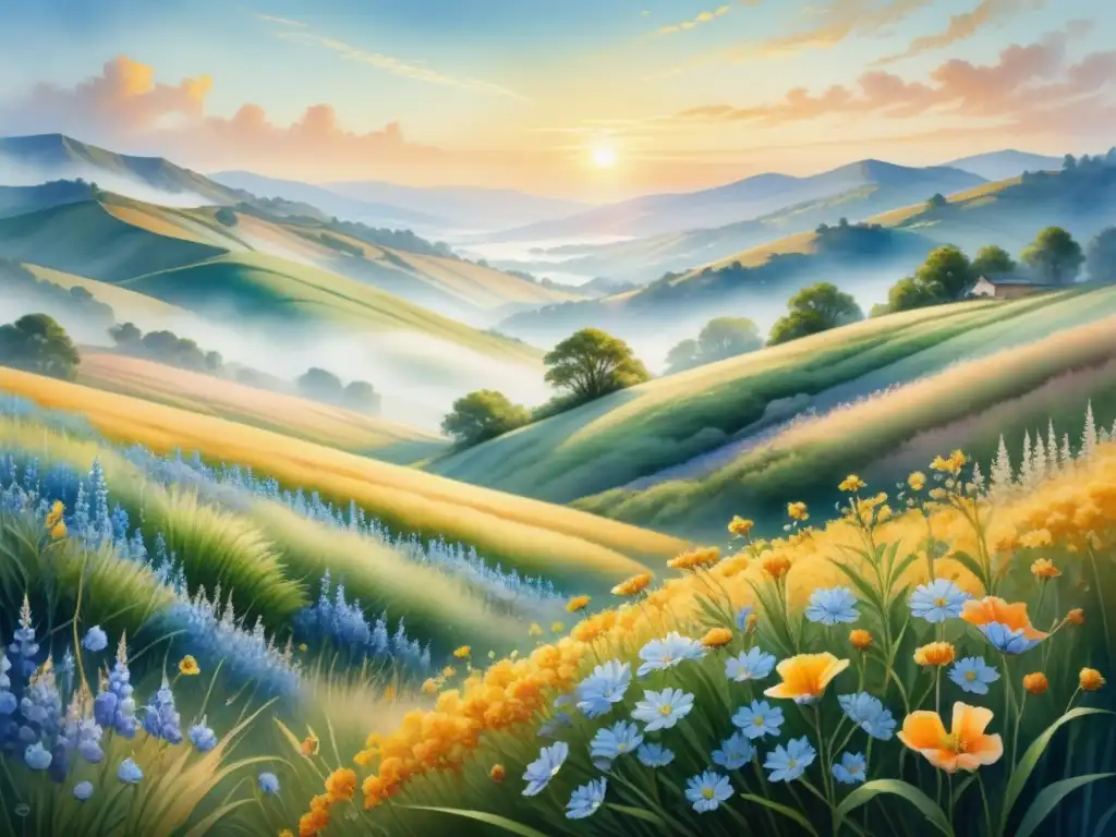 Pintura de paisaje con colinas y flores silvestres en pastel vibrante bajo un cielo azul