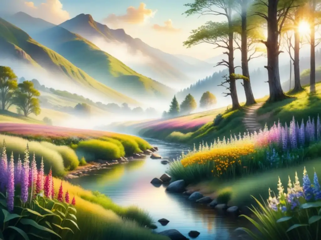 Pintura al óleo: paisaje detallado con colinas, río y flores silvestres