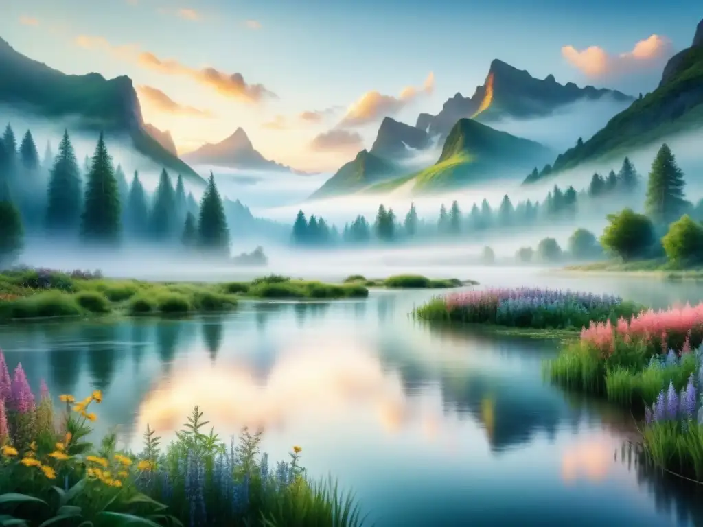 Pintura acuarela de un paisaje exuberante al amanecer evocando armonía con la naturaleza