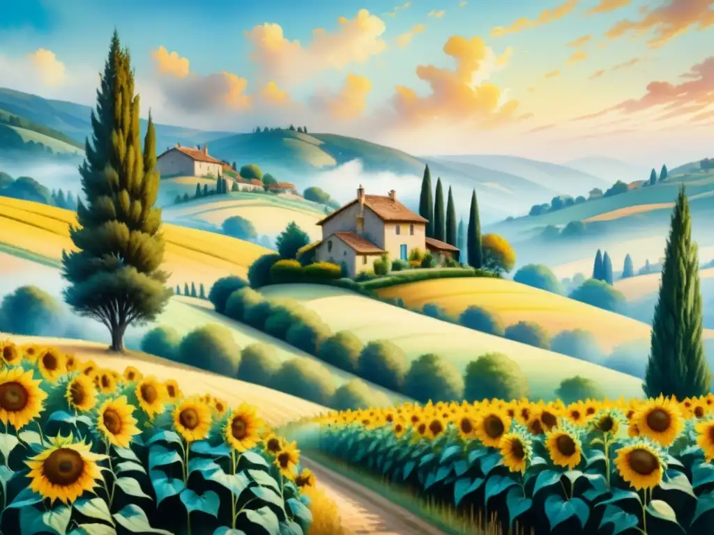 Pintura al óleo detalla paisaje francés con girasoles, cipreses y cabaña entre colinas, evocando serenidad y técnicas de pintura al óleo