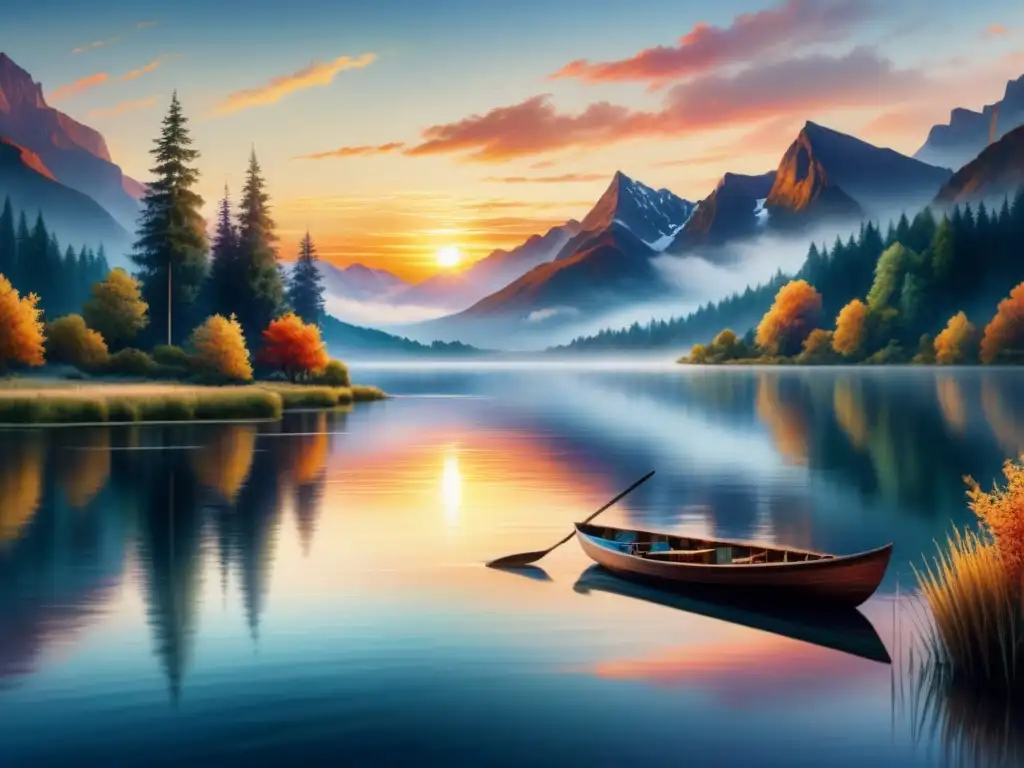 Pintura acuarela de paisaje sereno al atardecer sobre lago, destaca importancia calidad lienzo arte