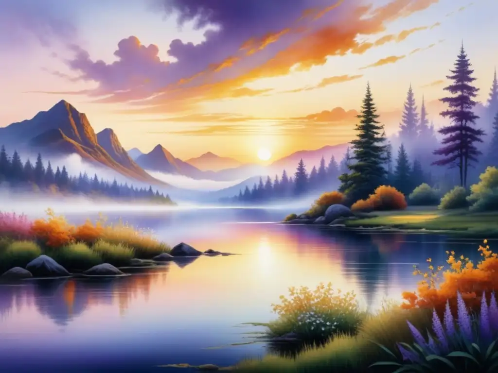 Pintura acuarela de paisaje sereno al atardecer con lago tranquilo, reflejando armonía y detalle artístico