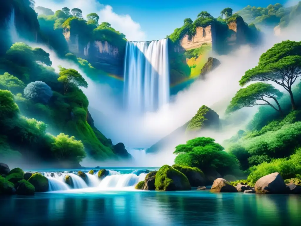 Pintura acuarela de paisaje sereno con cascada rodeada de exuberante vegetación, reflejando el azul del cielo