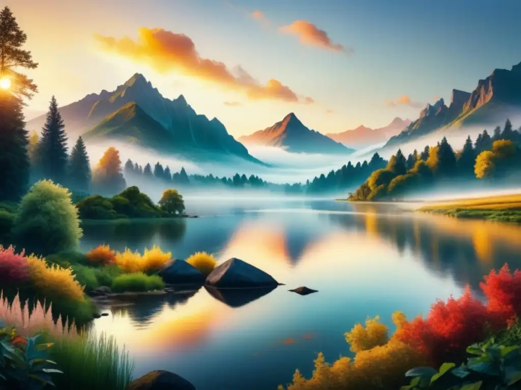 Pintura acuarela de paisaje sereno en hora dorada con lago tranquilo reflejando tonos cálidos del atardecer y montañas al fondo