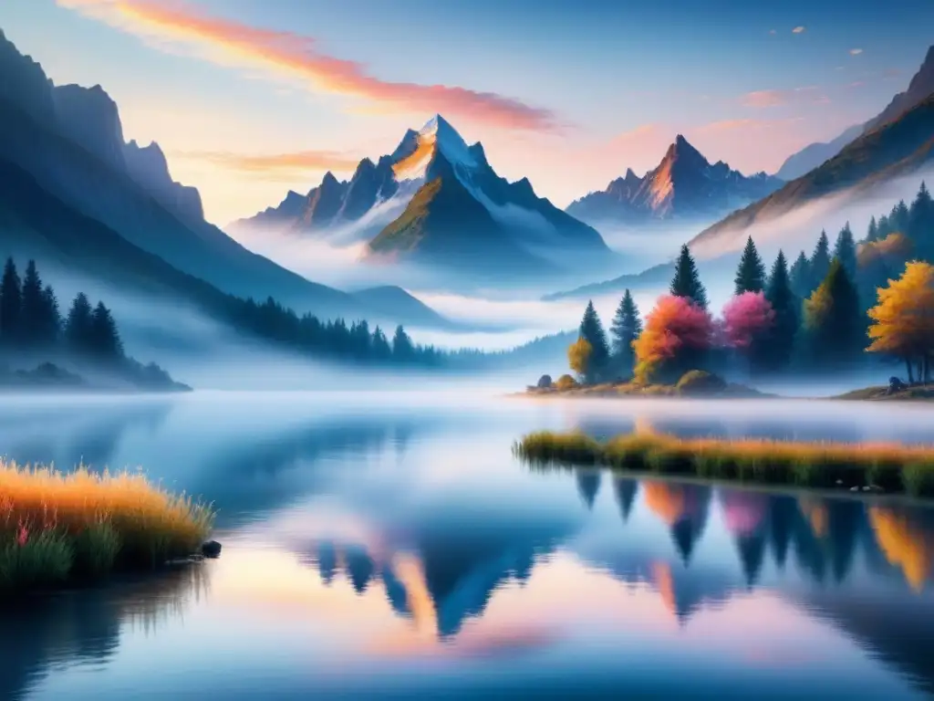 Pintura acuarela de paisaje sereno al amanecer con montañas reflejadas en lago cristalino