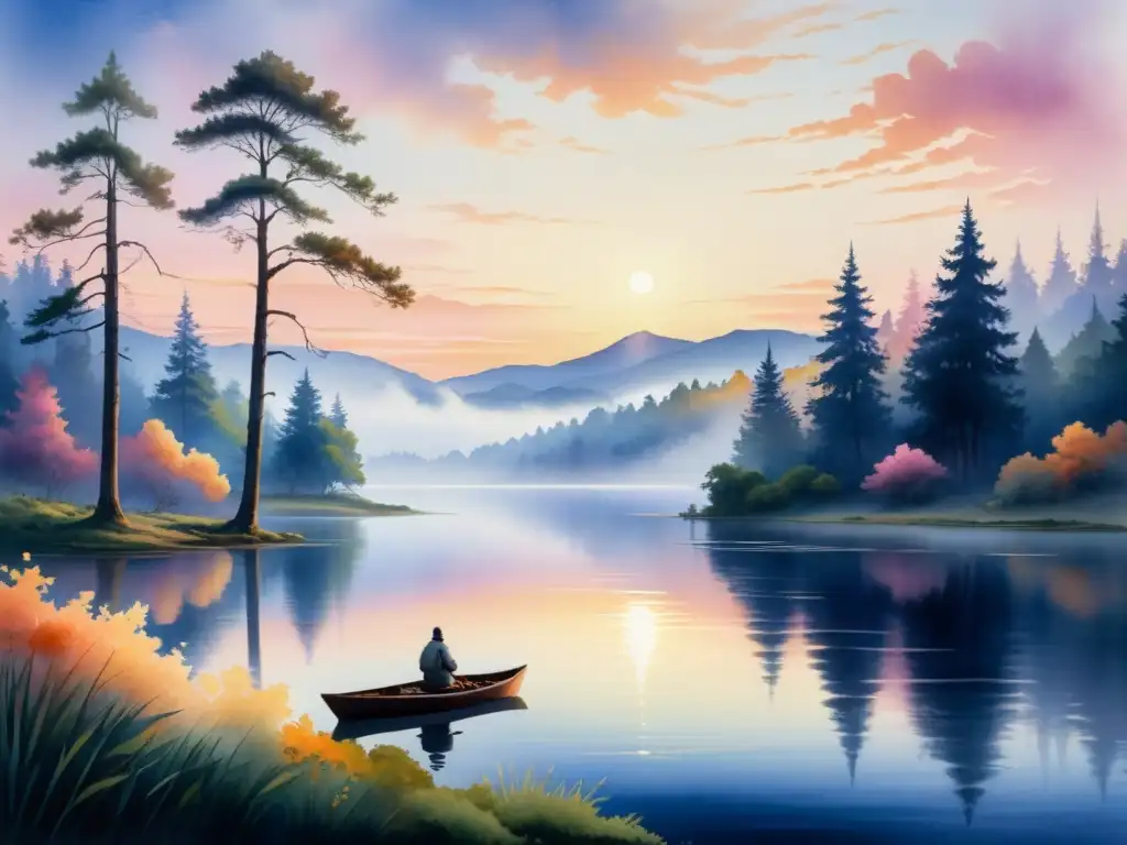 Pintura acuarela de paisaje sereno al amanecer con reflejos del sol en lago