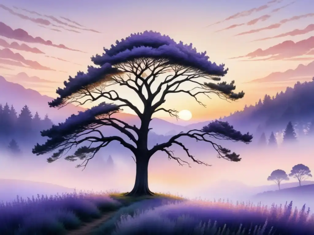 Pintura acuarela de paisaje sereno en tonos pastel con árbol solitario al atardecer