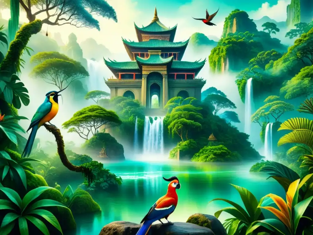 Una pintura de realismo mágico que retrata una escena de jungla mística con vegetación exuberante, aves exóticas y una cascada brillante