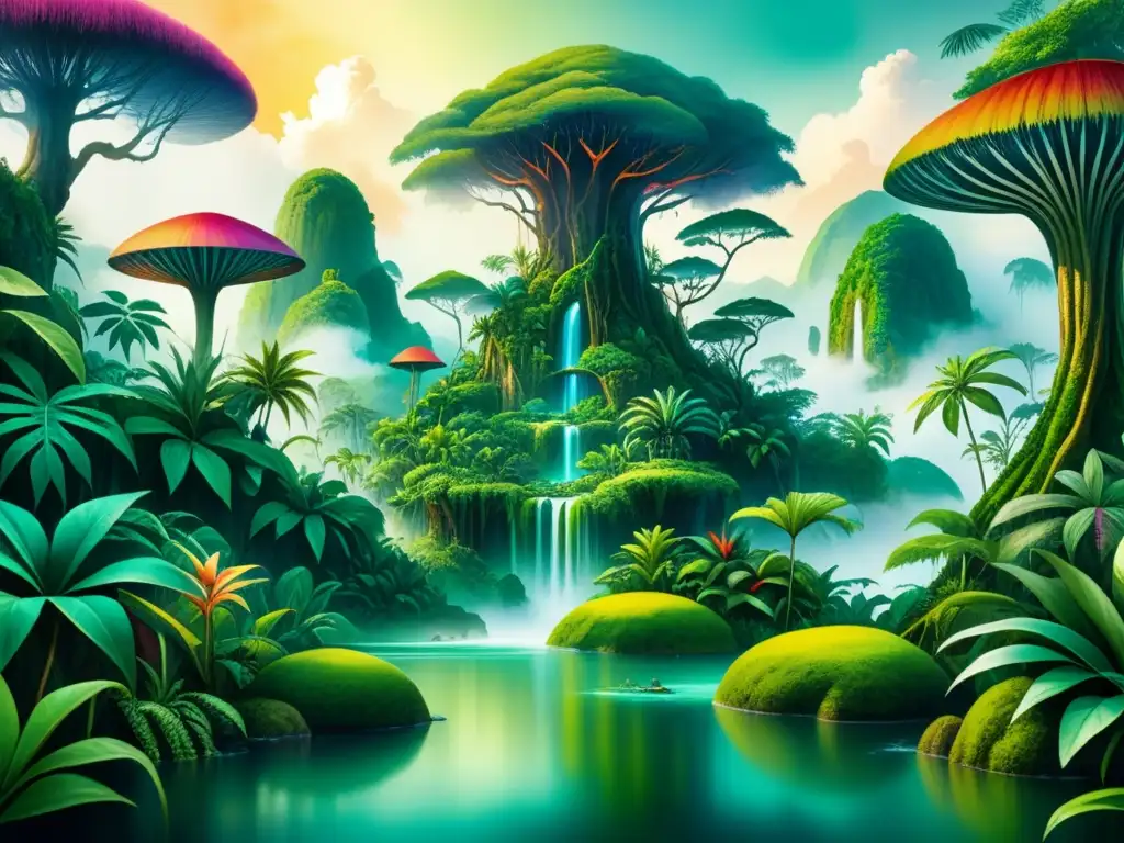 Pintura de realismo mágico con escena de jungla vibrante, islas flotantes y criaturas fantásticas en colores ricos