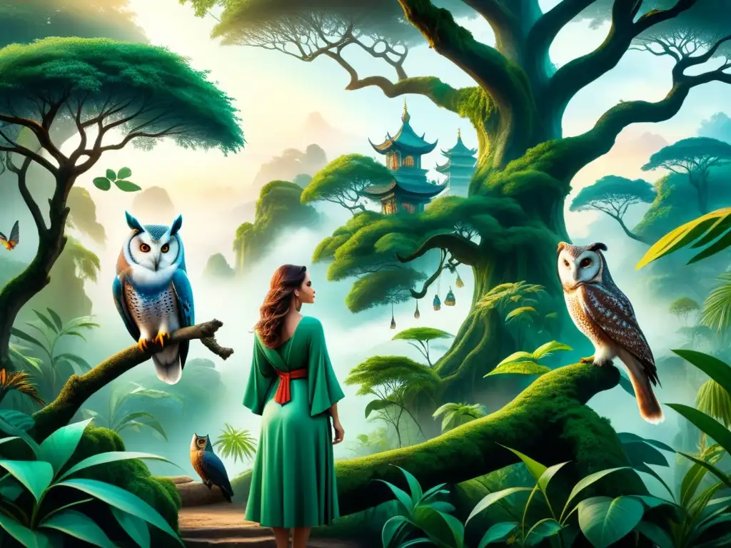 Pintura de realismo mágico con escena de jungla mística, animales exóticos y elementos cotidianos entrelazados