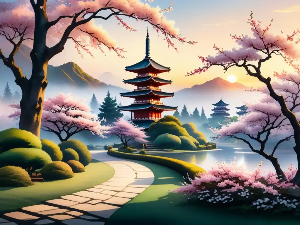 Pintura acuarela serena de jardín con árboles de cerezo en flor y pagoda, evocando la Filosofía Oriental Arte Conceptual