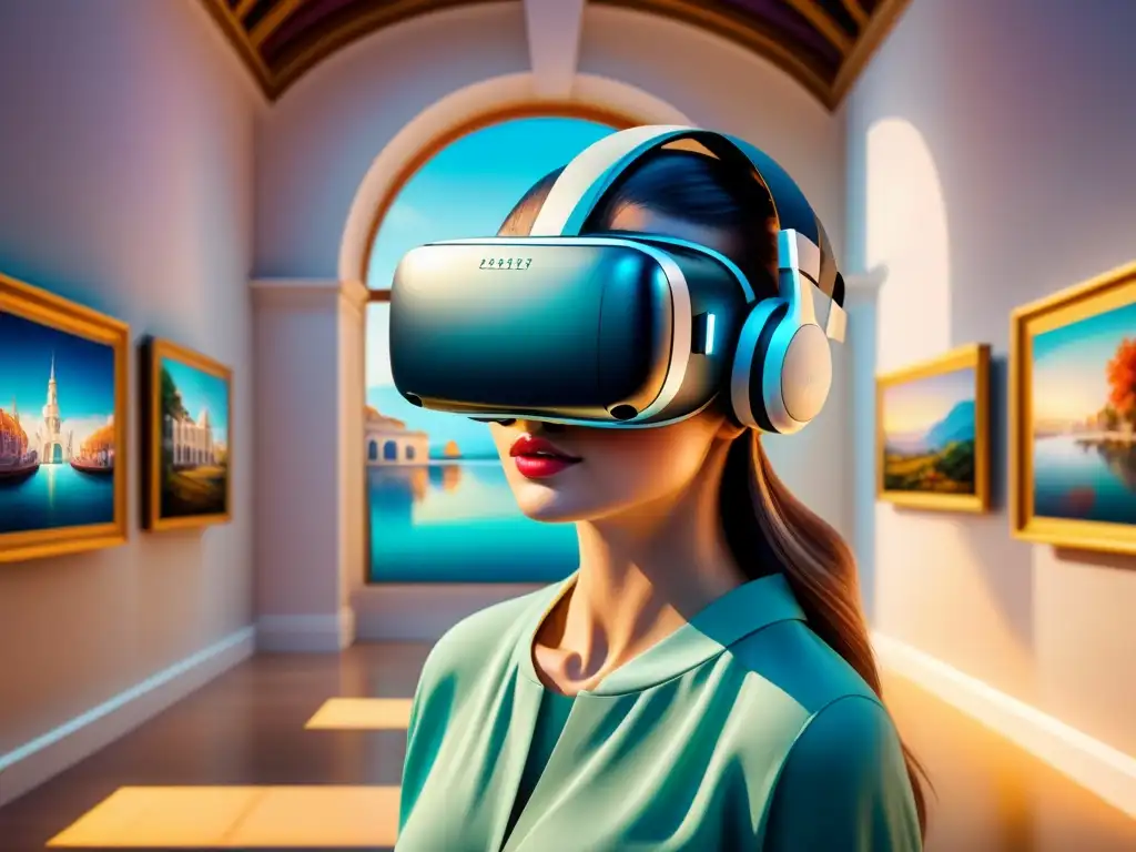 Una pintura acuarela serena muestra un auricular de Realidad Virtual en un museo de arte lleno de obras digitales vibrantes