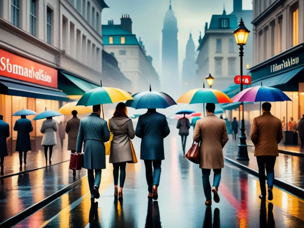 Pintura acuarela de ciudad lluviosa: serenidad urbana Pintura acuarela serena de una bulliciosa calle de ciudad en un día lluvioso