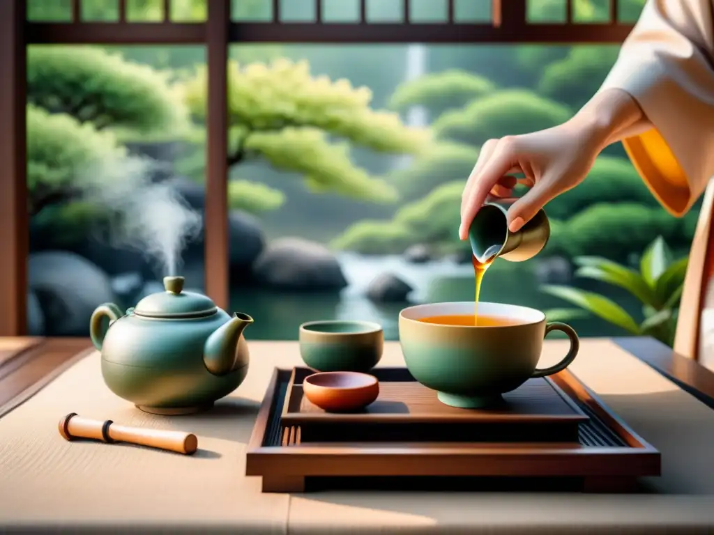 Pintura acuarela serena de ceremonia té japonesa, reflejando elegancia y minimalismo en arte asiático contemporáneo