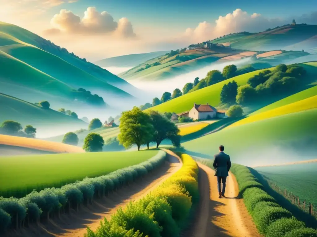 Una pintura acuarela serena con efecto luz paisajes Pissarro: campos verdes, pueblo distante, luz dorada y cielo azul