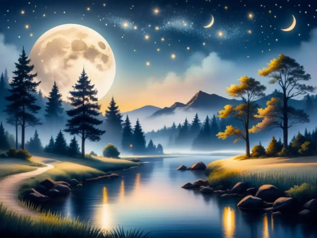 Pintura acuarela serena de escena nocturna bajo la luna