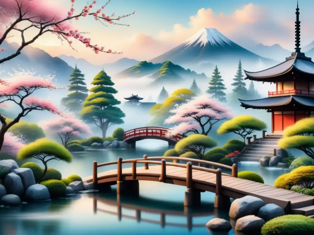 Pintura acuarela serena: jardín japonés con cerezos en flor, puente de madera sobre estanque y montañas con neblina