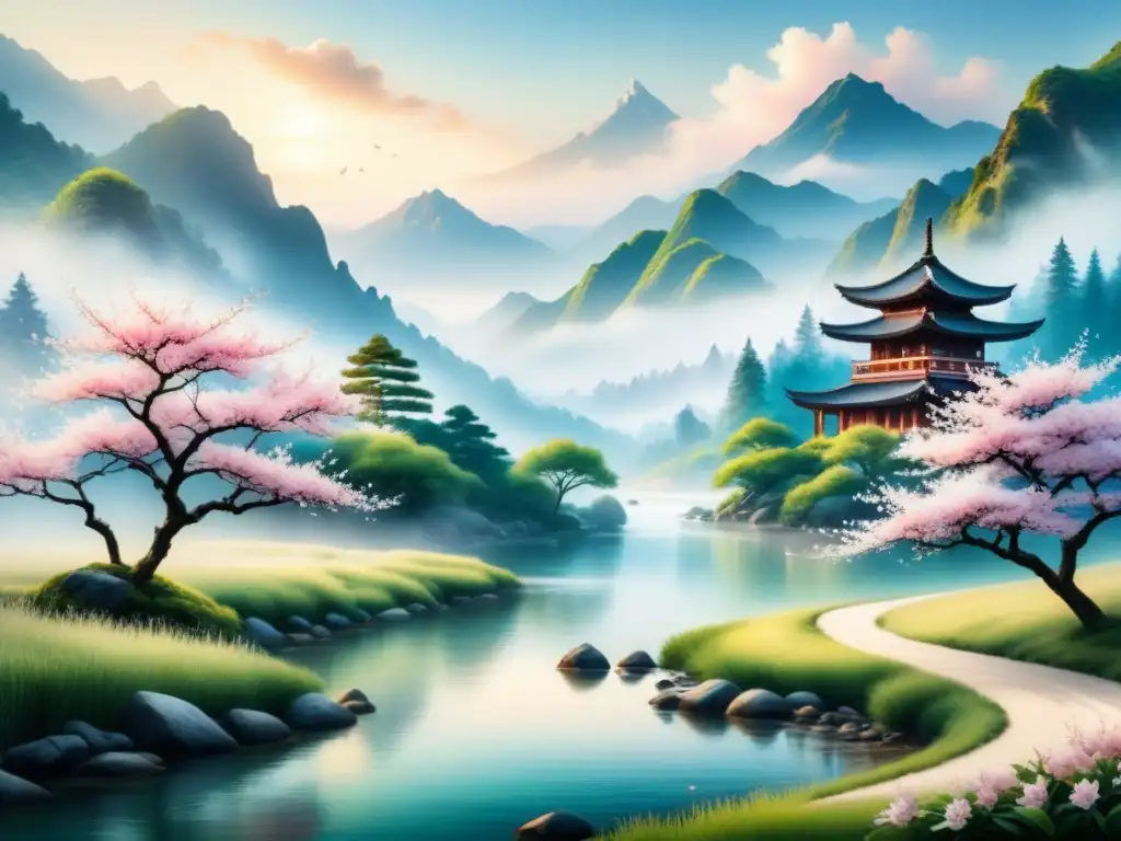 Pintura serena de paisaje asiático con montañas, río y árbol de cerezo en flor