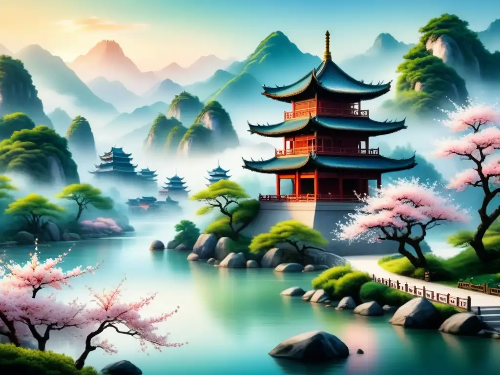 Pintura acuarela serena de paisaje chino tradicional con montañas, río, bosque y pagoda entre cerezos en flor