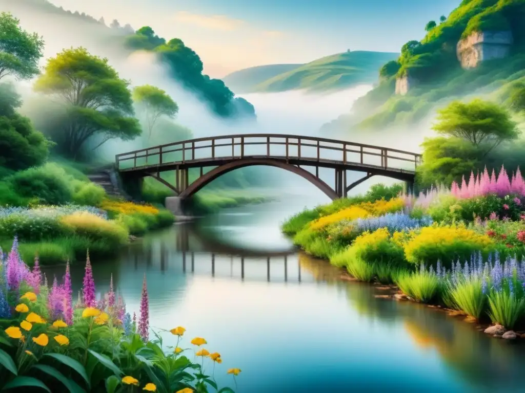 Pintura acuarela serena de un puente realista en un río tranquilo rodeado de vegetación exuberante y flores silvestres