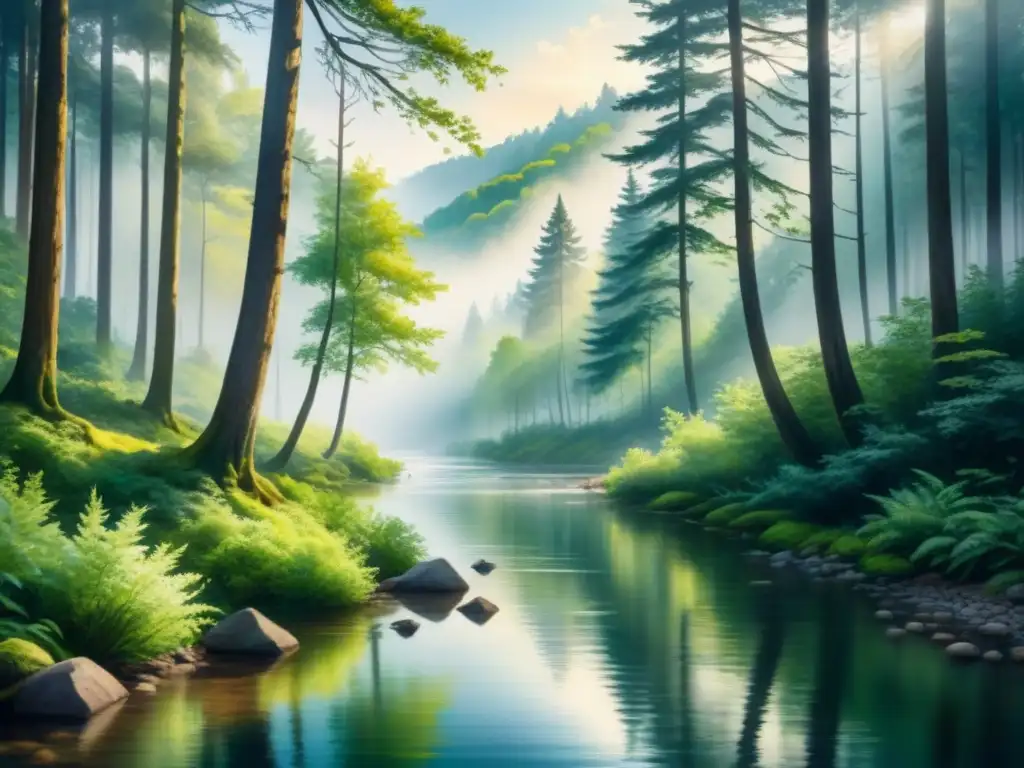 Pintura acuarela serena de un río en bosque, invita a la autoexploración visual