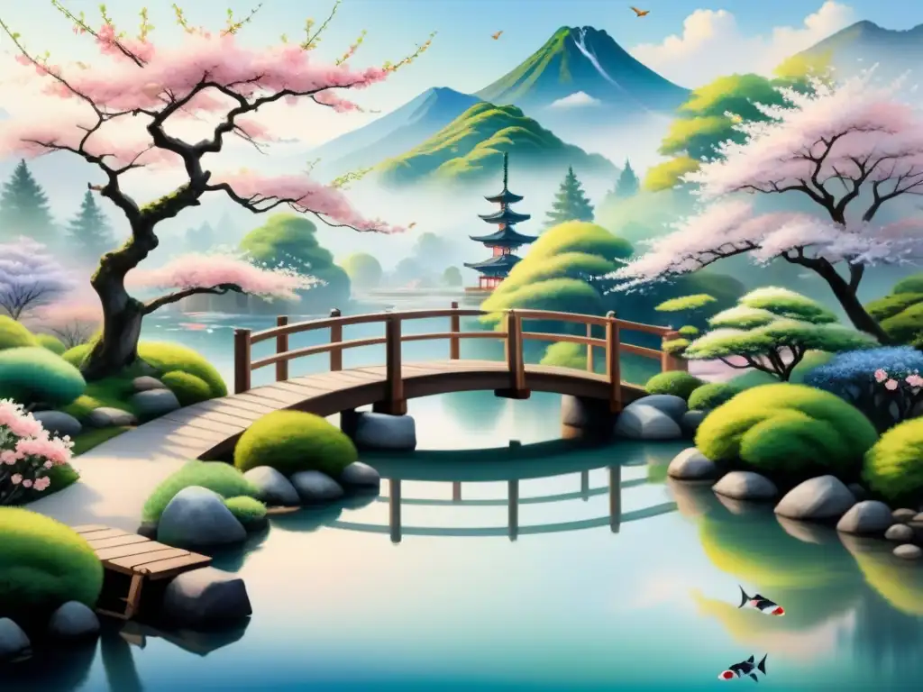 Pintura acuarela de jardín japonés sereno con cerezo en flor, estanque de peces koi y puente de madera