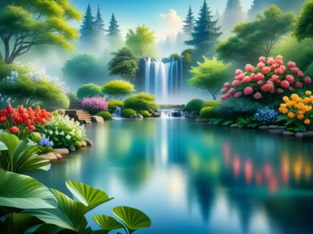 Pintura acuarela de un jardín sereno con flores vibrantes y un estanque tranquilo, creando armonía visual como meditación mindfulness