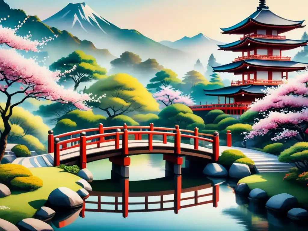 Pintura acuarela de un sereno jardín japonés con cerezos en flor, un puente de madera y una pagoda