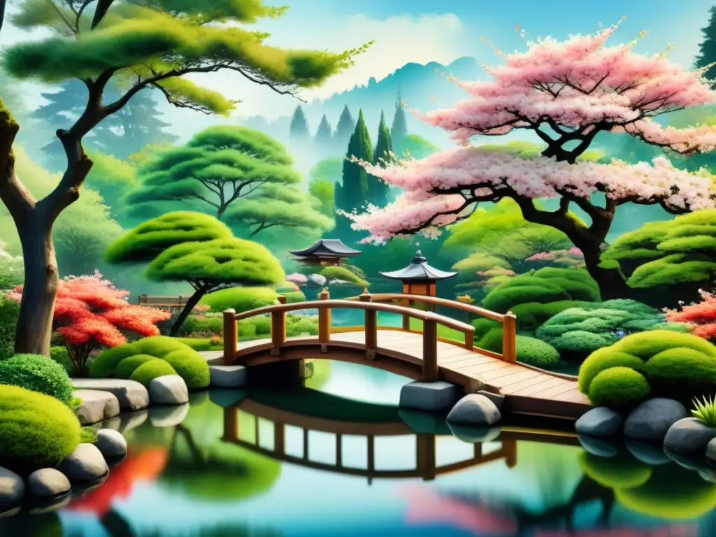 Pintura acuarela de un sereno jardín japonés con espacio negativo en arte, árboles de cerezo y estanque de koi