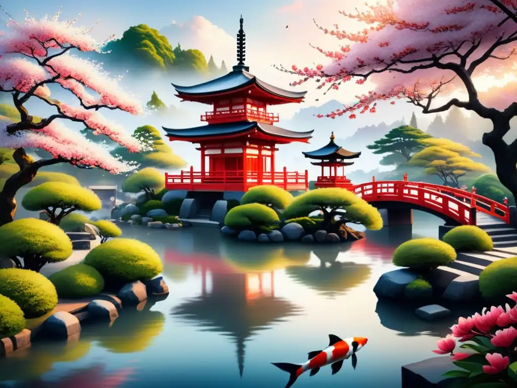 Pintura acuarela de un sereno jardín japonés con florecientes cerezos, pagoda roja y estanque de carpas koi