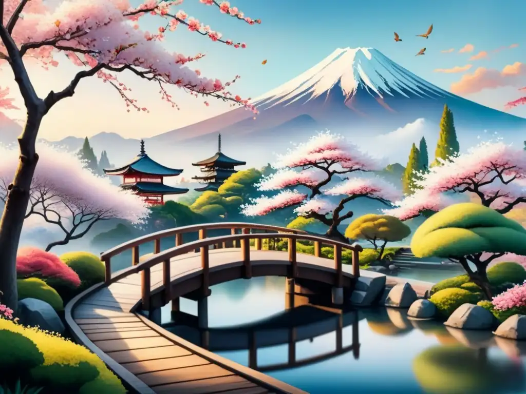 Pintura acuarela de un sereno jardín japonés en plena floración, con cerezos, estanque y puente de madera, con el Monte Fuji al fondo