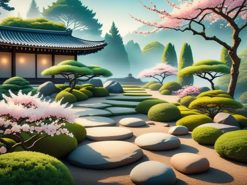 Pintura acuarela de un sereno jardín japonés rocoso, con gravilla rastrillada y árboles de cerezo en flor