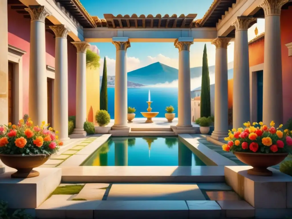 Pintura acuarela de un sereno patio griego con flores vibrantes, influencia del arte clásico en la psicología del color