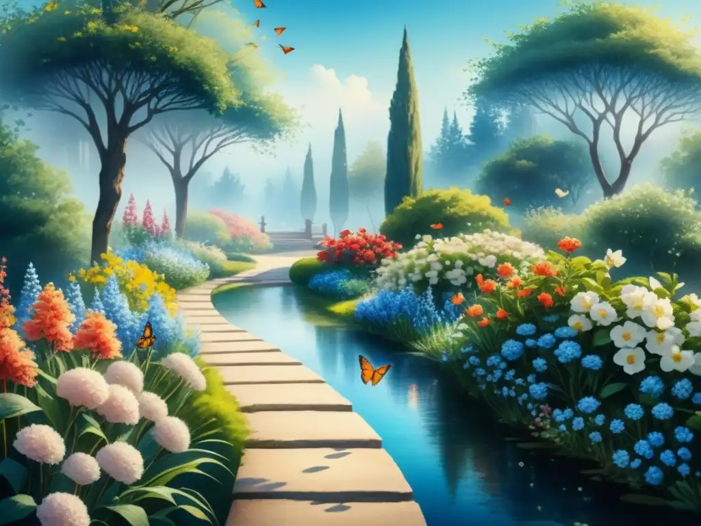 Pintura acuarela de un sereno jardín soleado, con mariposas, flores vibrantes y un estanque brillante, capturando la luz y la sombra