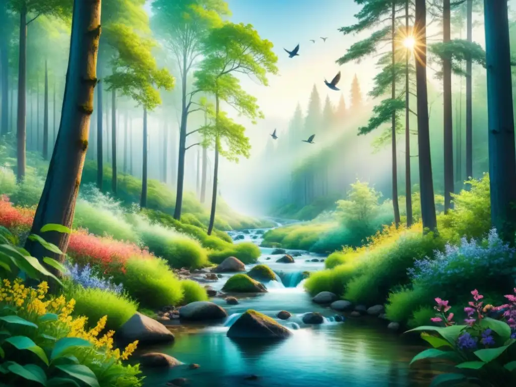 Pintura en óleo sostenible de un bosque sereno con árboles verdes, arroyo azul y aves coloridas