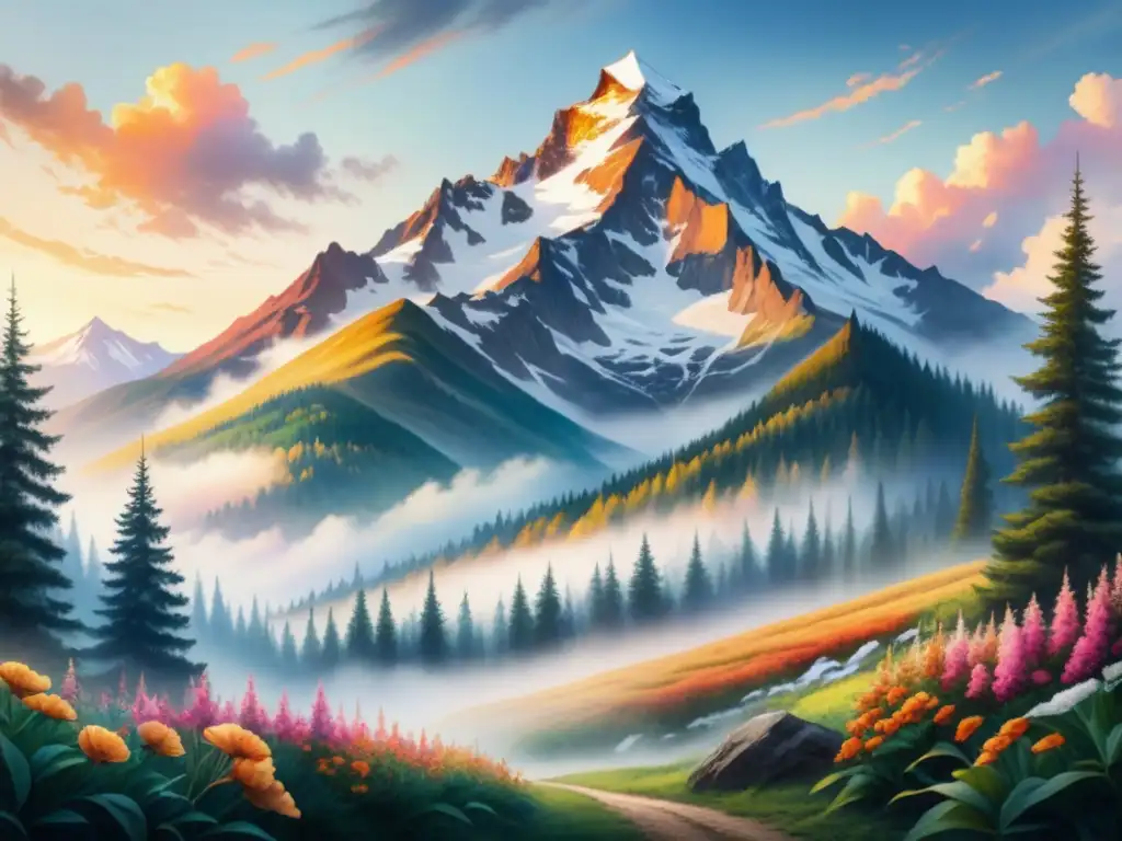 Una pintura sublime en acuarela: una majestuosa montaña se eleva hacia el cielo, rodeada de un exuberante bosque y un cielo de suaves tonos pastel