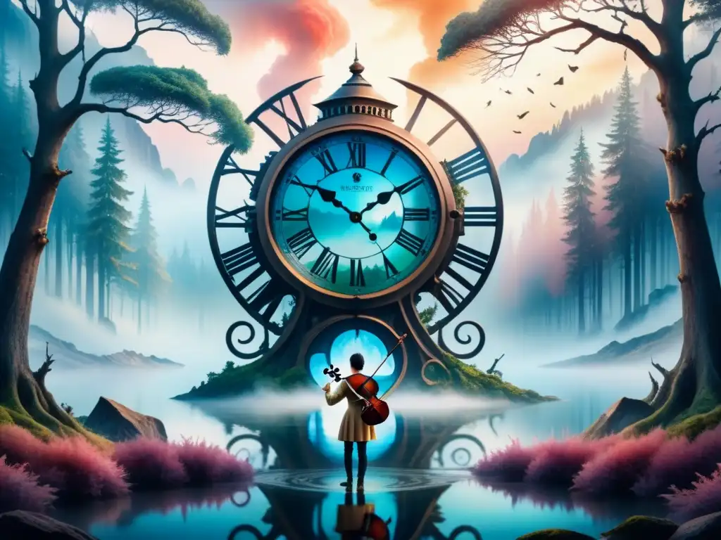 Pintura surrealista en arte contemporáneo: Reloj gigante derritiéndose sobre un bosque neblinoso, árboles danzantes y seres fantásticos