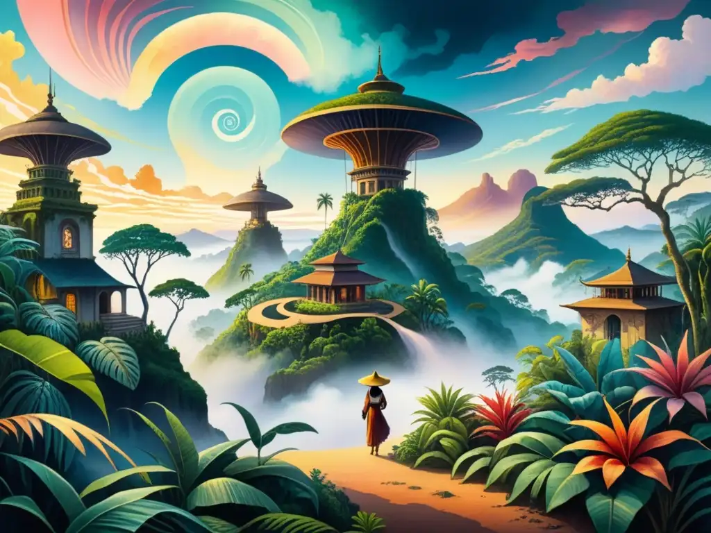 Pintura surrealista detallada de América Latina con plantas tropicales vibrantes y elementos oníricos, figuras en ritual misterioso