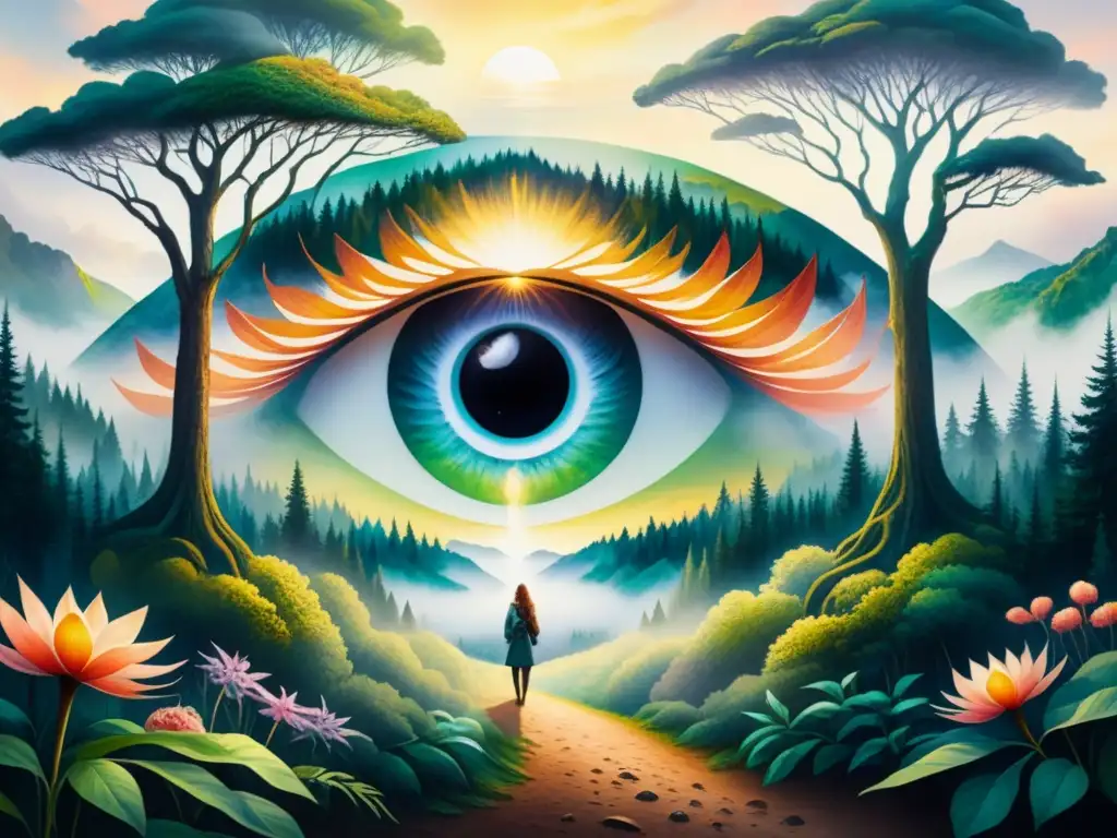 Una pintura surrealista hipnótica con un ojo gigante brillante flotando sobre un bosque misterioso