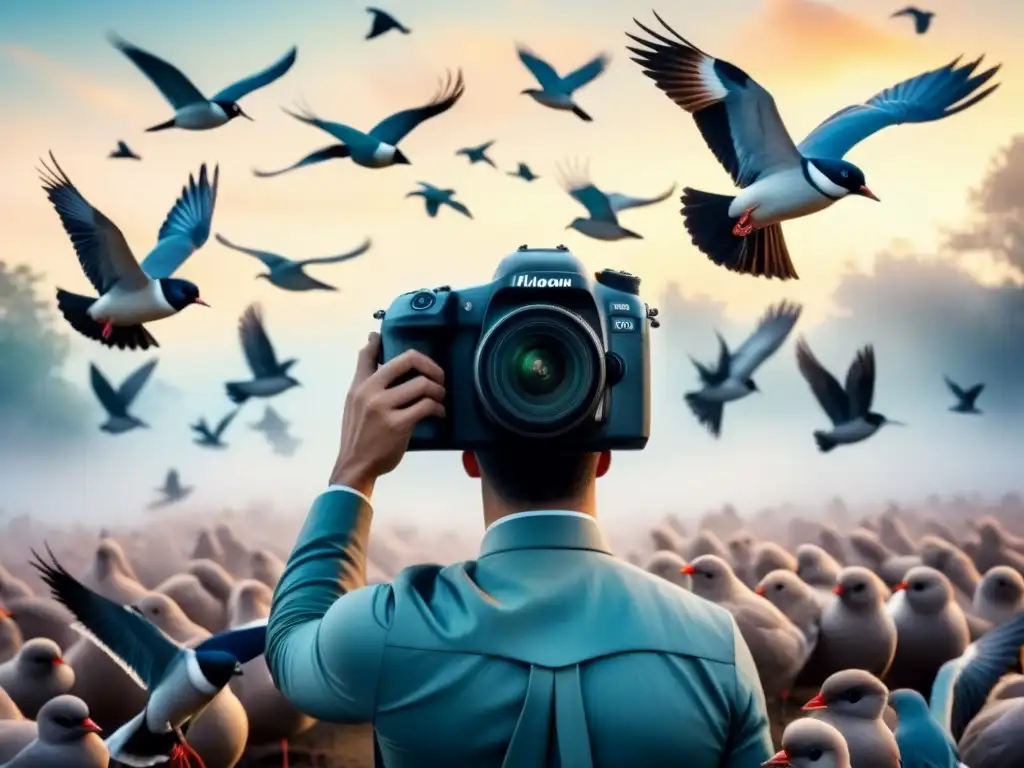 Una pintura surrealista y onírica en acuarela de una cámara transformándose en una bandada de aves, capturando la esencia de la creatividad y rompiendo con las limitaciones tradicionales en la fotografía experimental