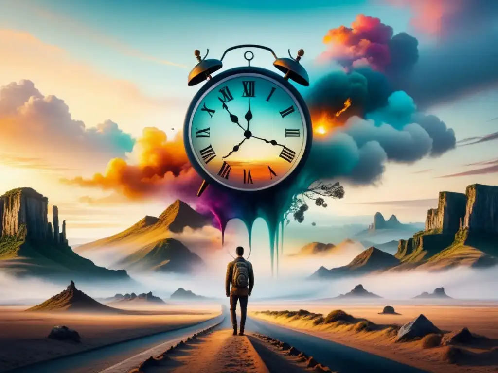 Pintura surrealista de un reloj derritiéndose en un paisaje desolado con figuras distorsionadas, creando una atmósfera de misterio y significado semiótico arte surrealista