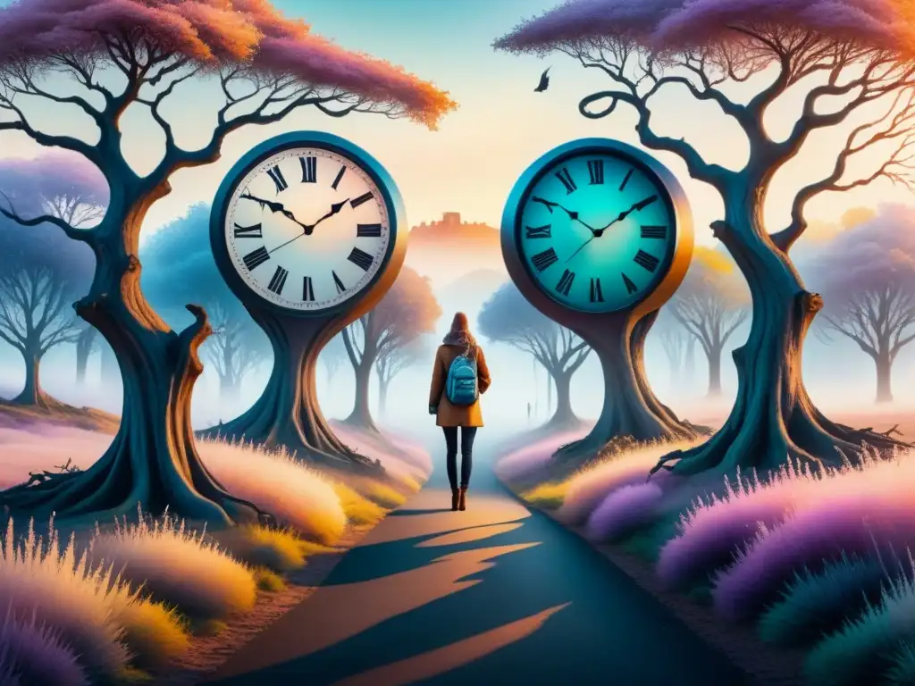 Una pintura surrealista con relojes flotantes, rostros distorsionados y objetos fusionados en un paisaje onírico