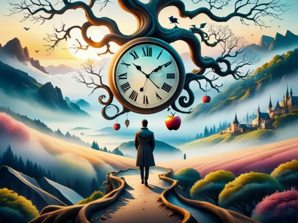 Pintura acuarela surrealista: relojes derritiéndose en ramas, manzana flotante con rostro oculto y paisaje surrealista