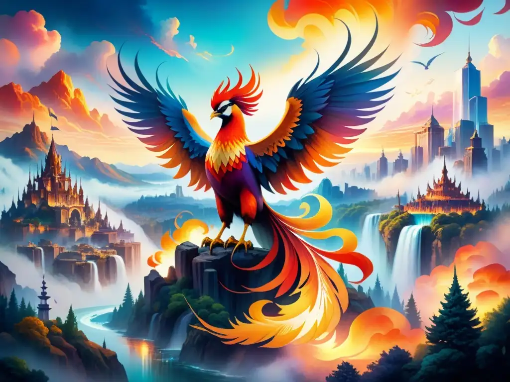 Una pintura en témpera que muestra un paisaje surrealista con colores vibrantes y un fénix majestuoso emergiendo de las cenizas