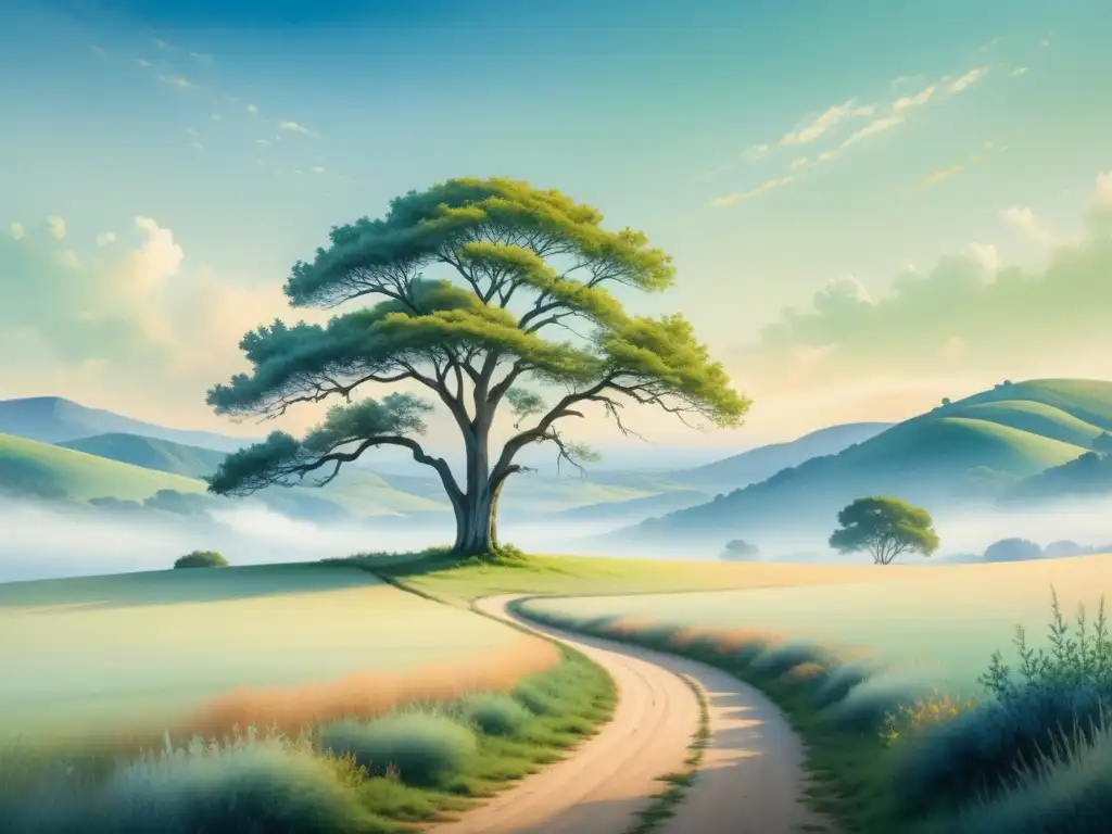 Una pintura acuarela tranquila que retrata un paisaje sereno y minimalista con un árbol solitario