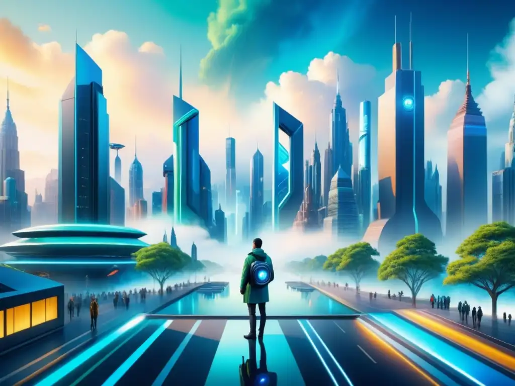 Una pintura acuarela ultradetallada en 8k que muestra una ciudad futurista donde la inteligencia artificial y el arte visual se fusionan