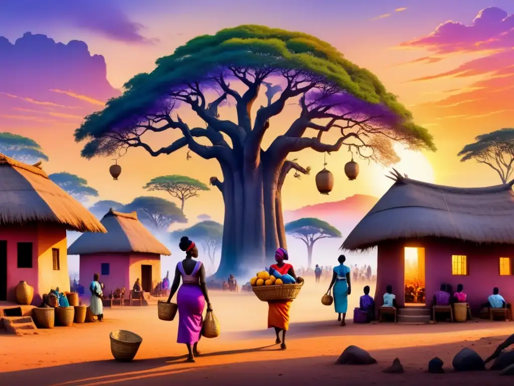 Pintura acuarela de una vibrante aldea africana al atardecer, reflejando la resiliencia